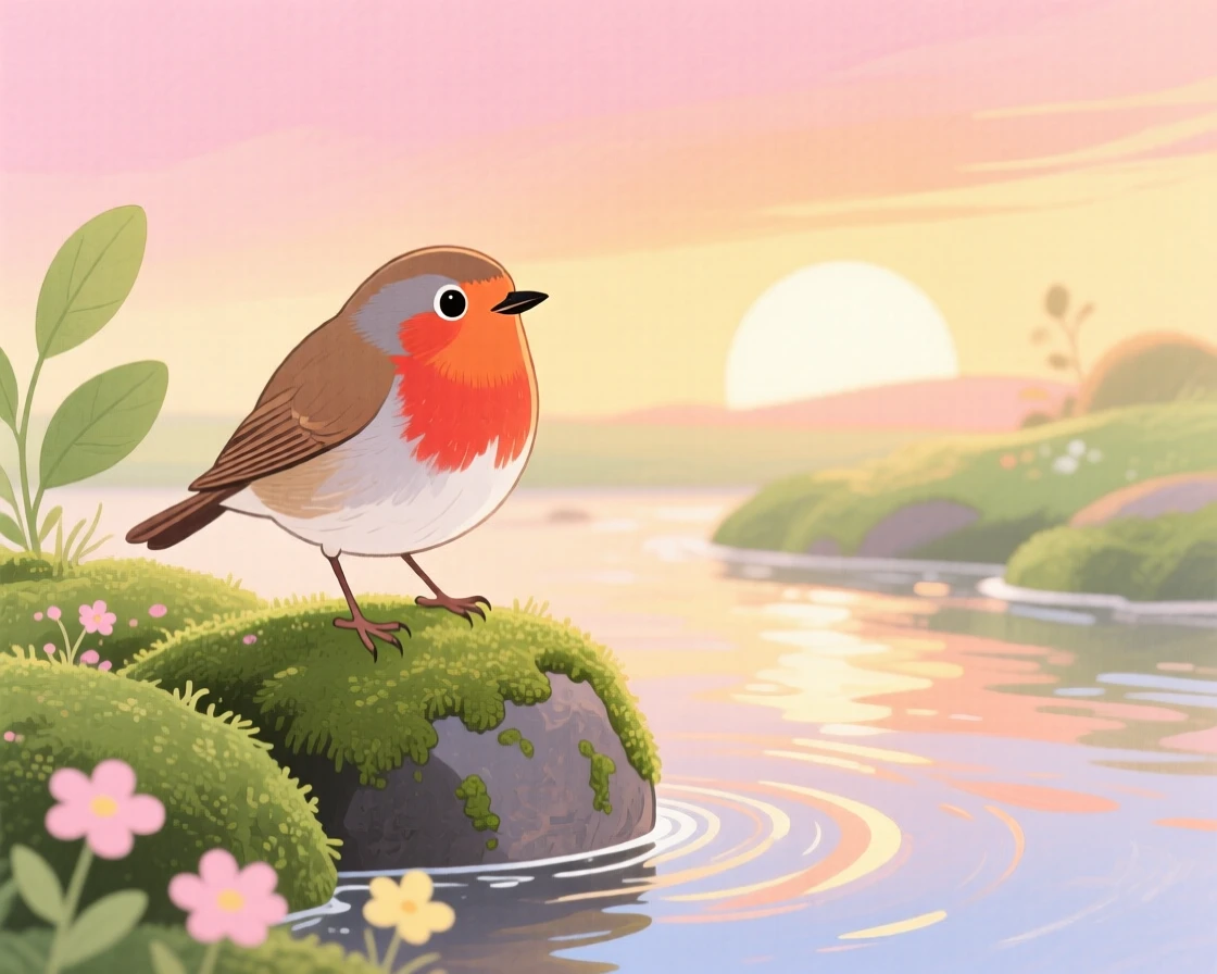 A chirping robin exploring a mossy riverbank at sunrise.