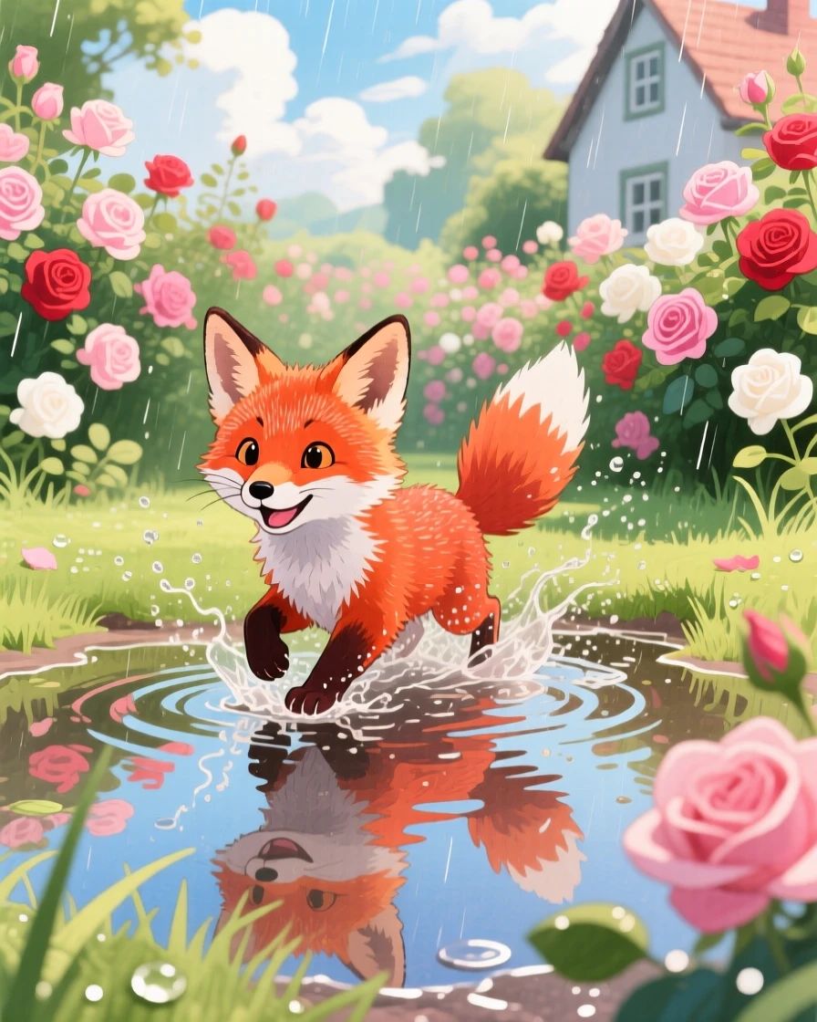 A curious red fox cub splashing happily in a puddle after rain, set in a sunny cottage garden overflowing with roses, capturing a fleeting moment of quiet contentment.