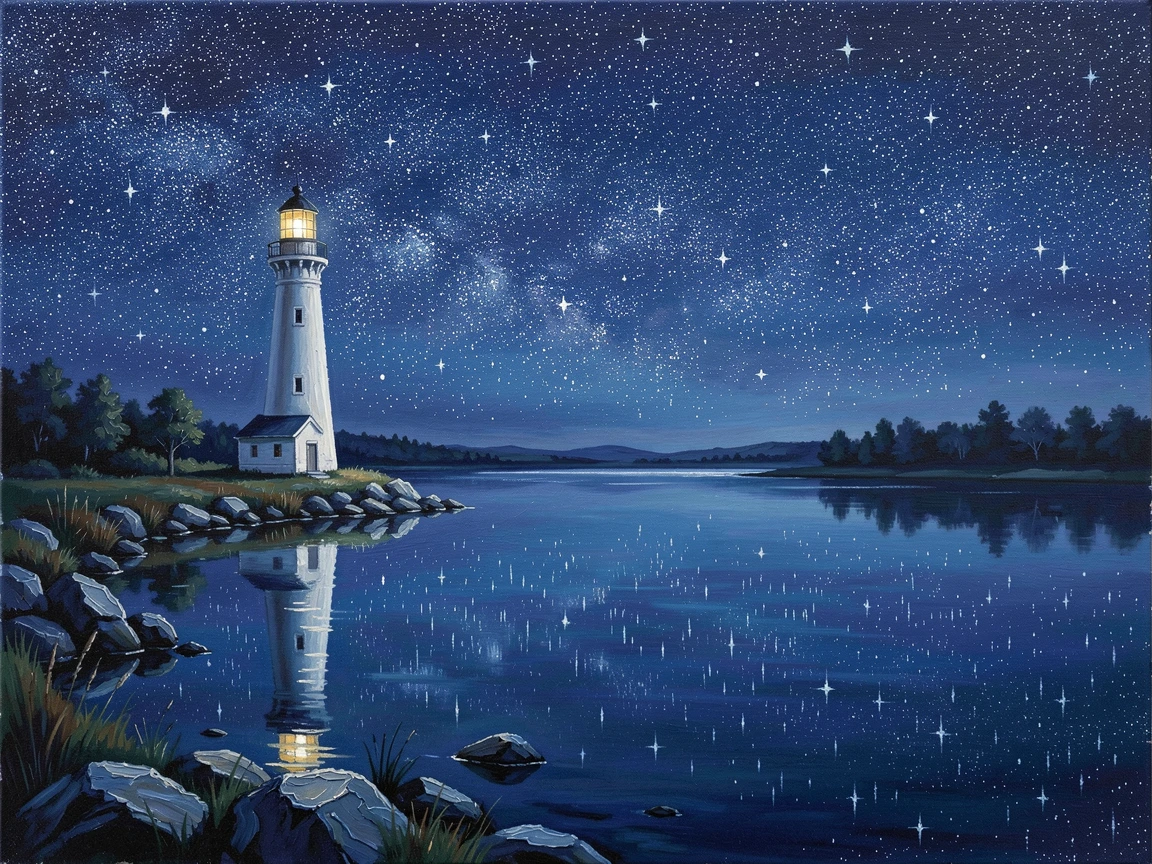 Beside a calm lake perfectly mirroring the sky, a lone lighthouse beneath a brilliant field of stars, the water below reflecting every star, in the deep, clear dark of a moonless night.
