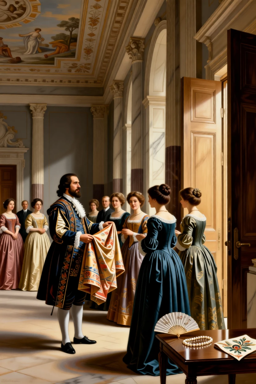 A merchant prince displaying imported silks to admiring guests just before the grand doors are thrown open, set in a frescoed reception hall lined with marble columns, with a fan, a pearl necklace, and an embroidered handkerchief as quiet accents; rich architectural framing lends grandeur without crowding the figures, radiating celebration, elegance, and social grace.