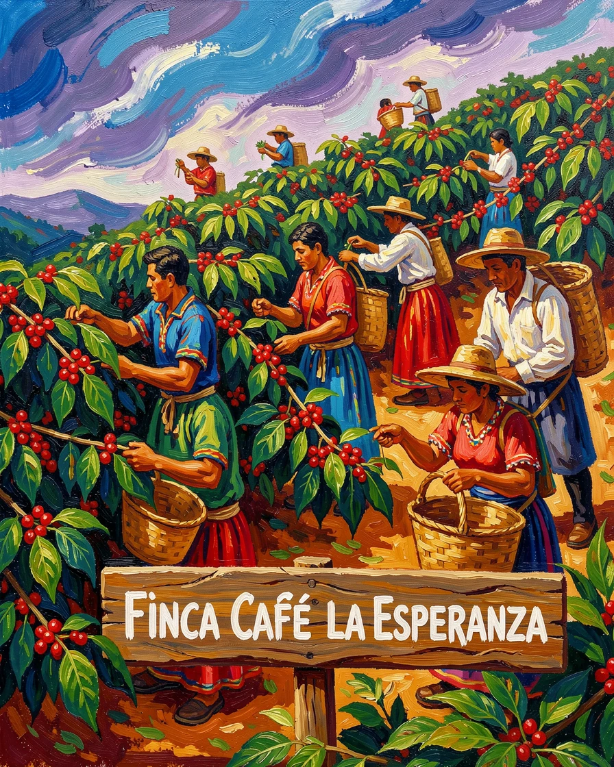 A colorful hillside coffee plantation in Colombia with workers harvesting ripe cherries.