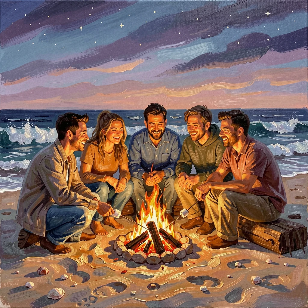A group of friends roasts marshmallows around a campfire on a beach at dusk, waves crashing gently nearby as stars begin to appear, the changing light of the hour adding a sense of urgency and beauty to the scene.