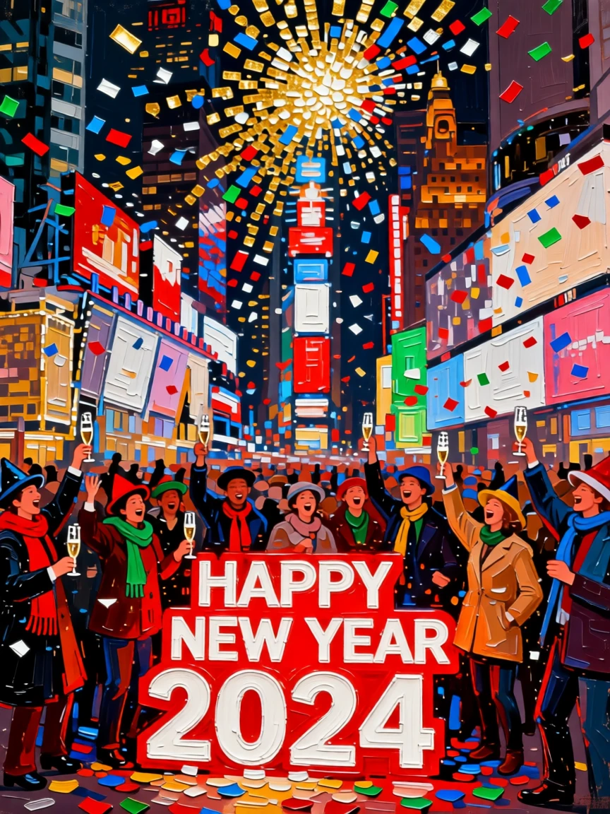 A New Year's celebration in Times Square with confetti falling under bright lights