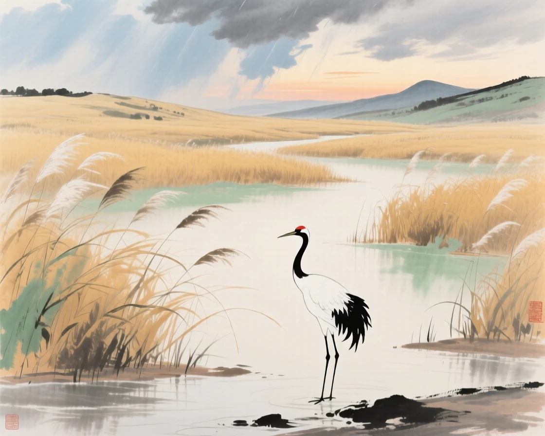 A wide valley of golden reeds swaying in the wind, with a solitary crane standing motionless in the shallows, at dusk, suffused with quiet joy, under clearing skies after a storm.