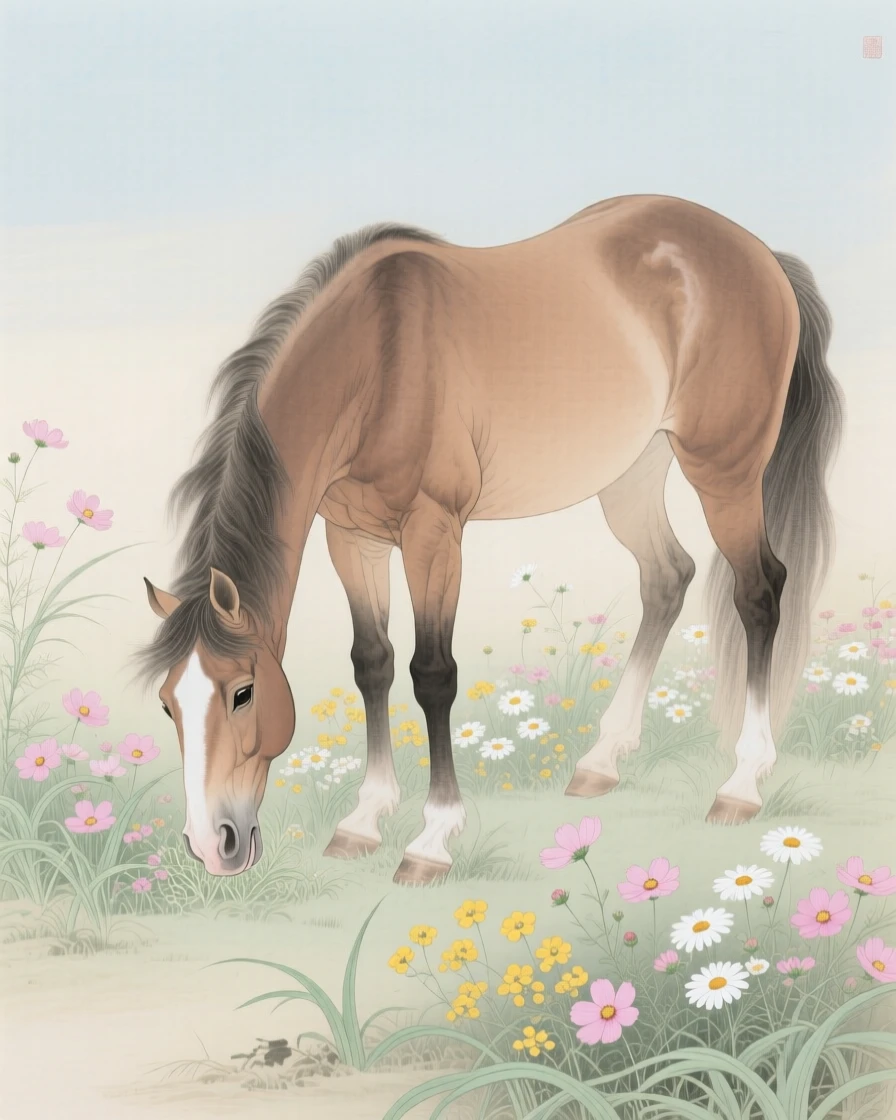 A horse grazing in a meadow full of wildflowers