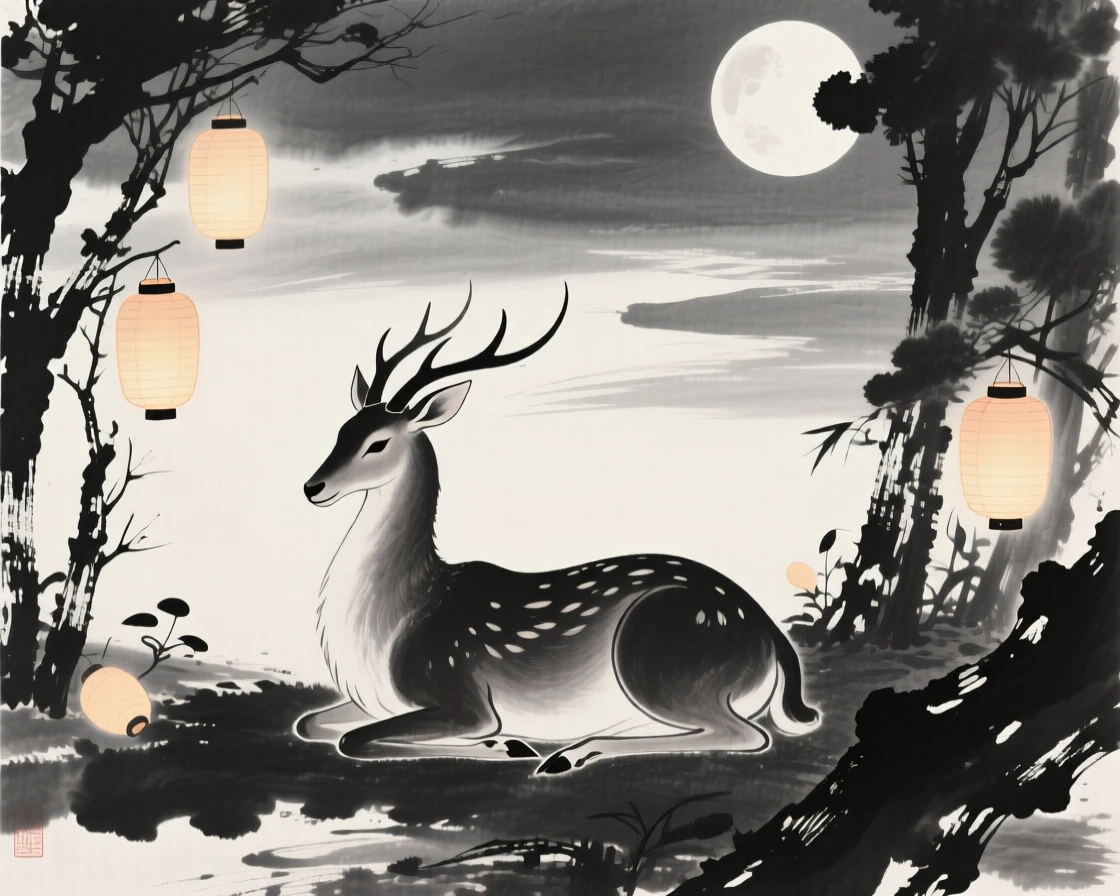 A mythical qilin resting in a moonlit grove beneath a canopy of glowing lanterns, framed to emphasize scale against a vast open sky, carrying a sense of magic woven into the natural world.