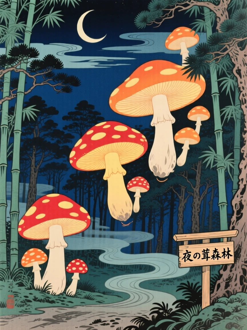 A forest of oversized glowing mushrooms, drifting silently through the night.
