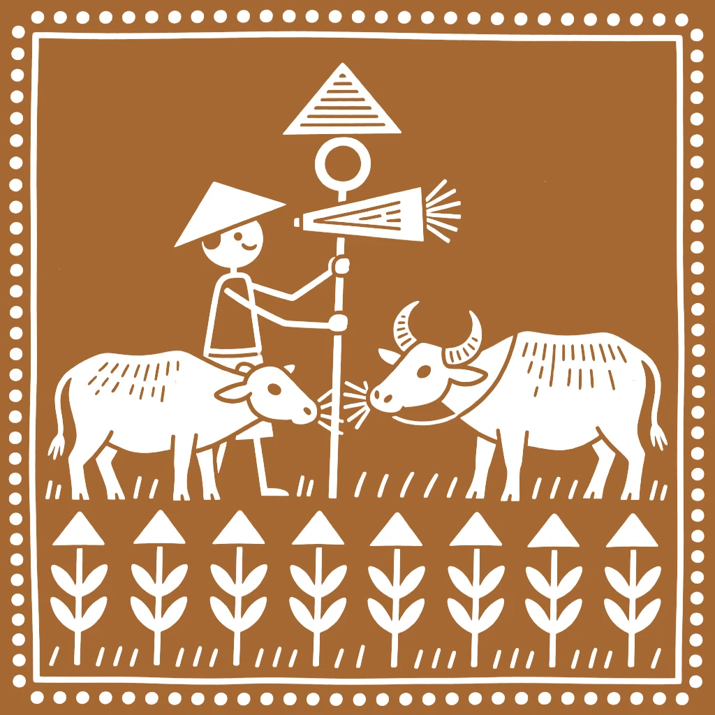 A farmer and his oxen building a scarecrow to protect the crops.