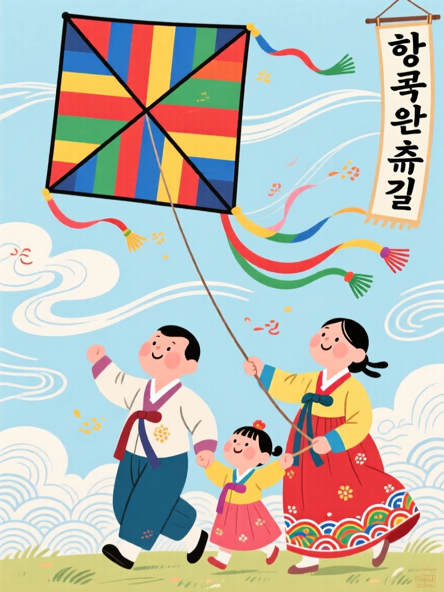 A family flying a large kite together on a windy holiday afternoon.