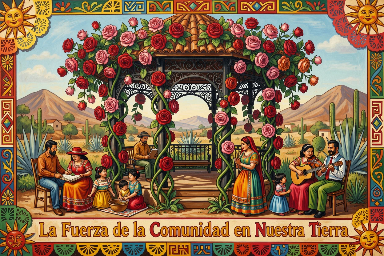 A garden gazebo surrounded by climbing roses