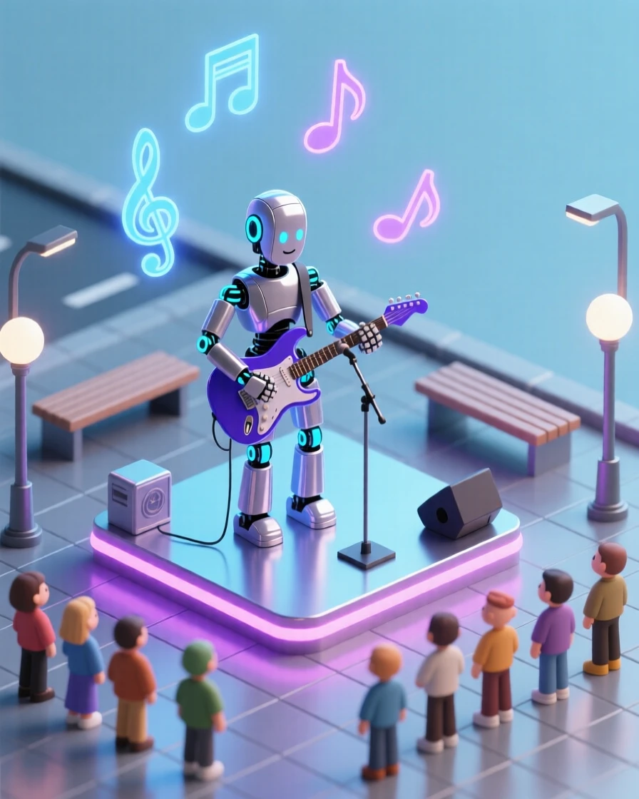 A robotic musician performing in a neon-lit plaza, holographic notes floating above as a small crowd gathers.