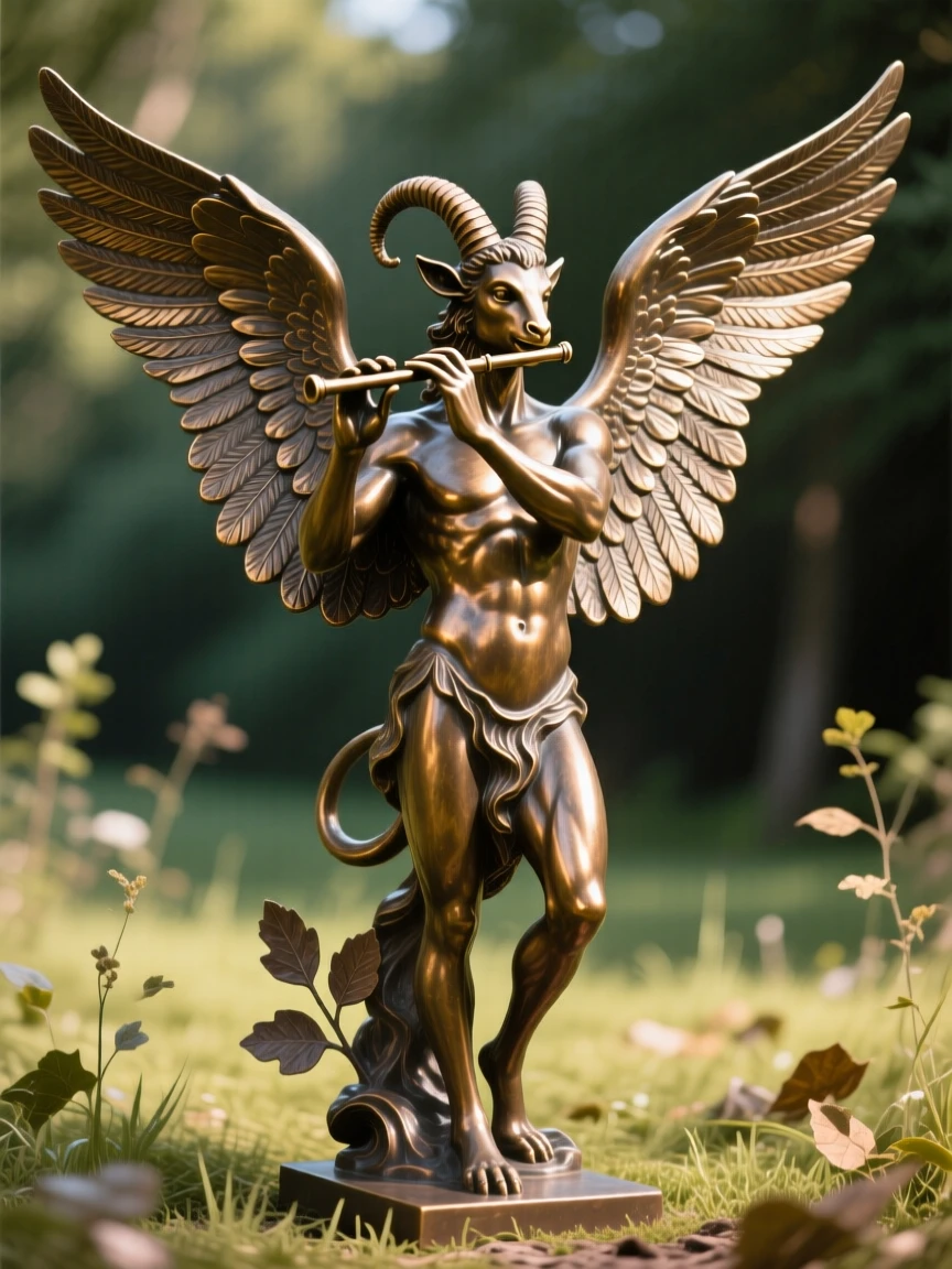 A satyr playing a flute in a sunlit glade, with wings fully outstretched in majestic display, radiating awe and grandeur