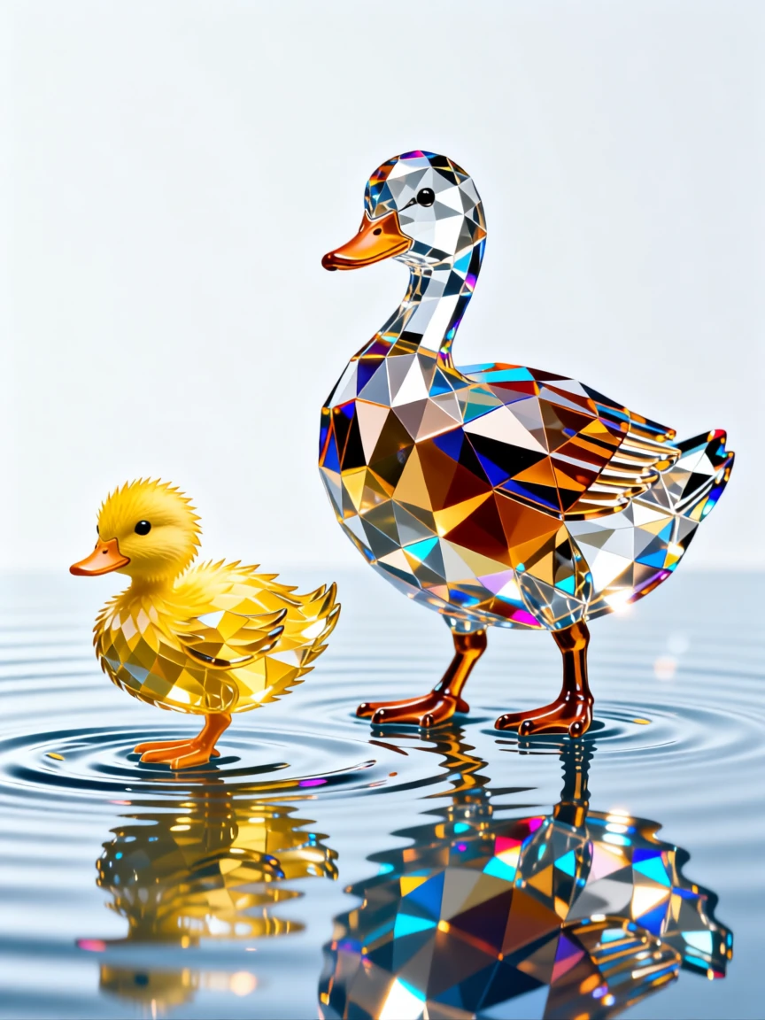 A fluffy baby duckling following its mother in a perfect line across a pond.