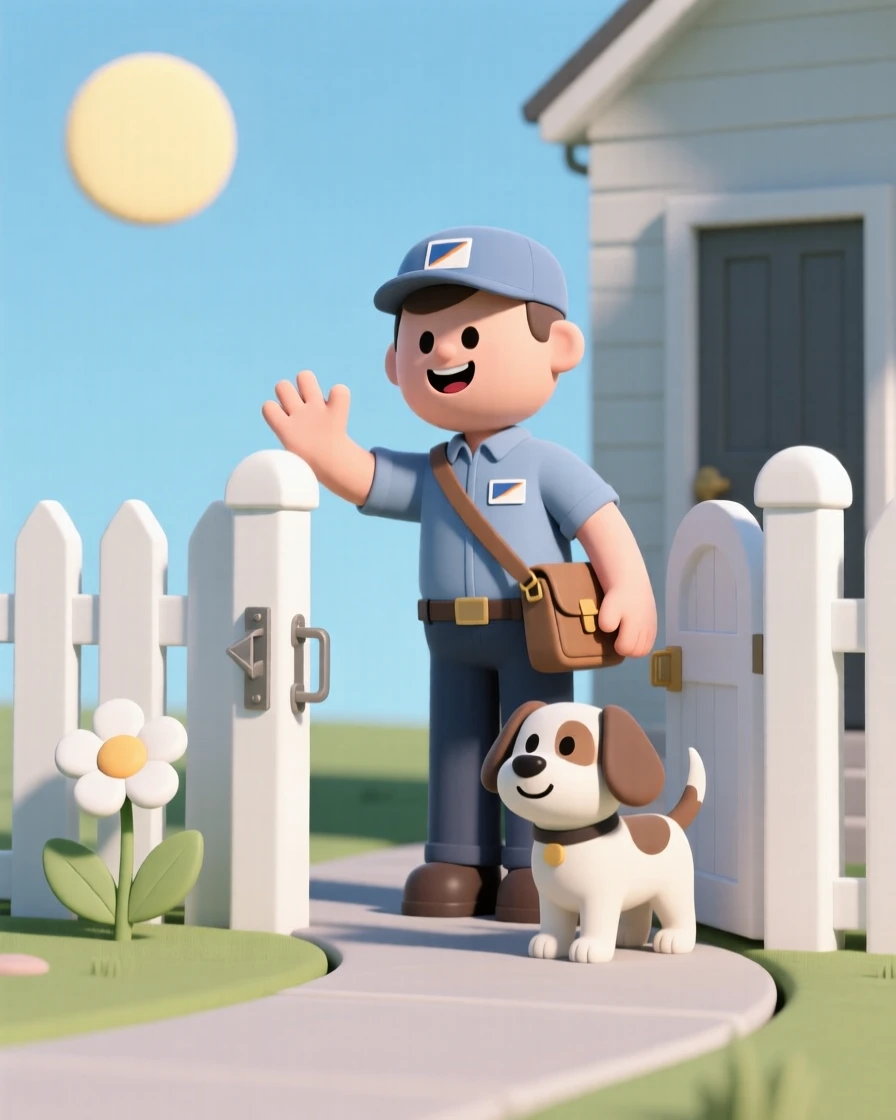 A cheerful mail carrier greets a wagging dog through a picket fence gate on a sunny delivery route.