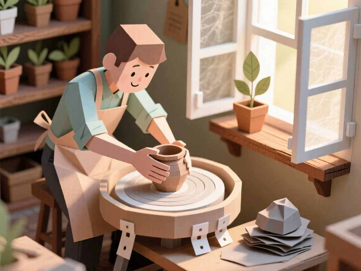 A devoted gardener focused at a spinning pottery wheel, with warm natural light streaming in, conveying quiet joy in a beloved pursuit.