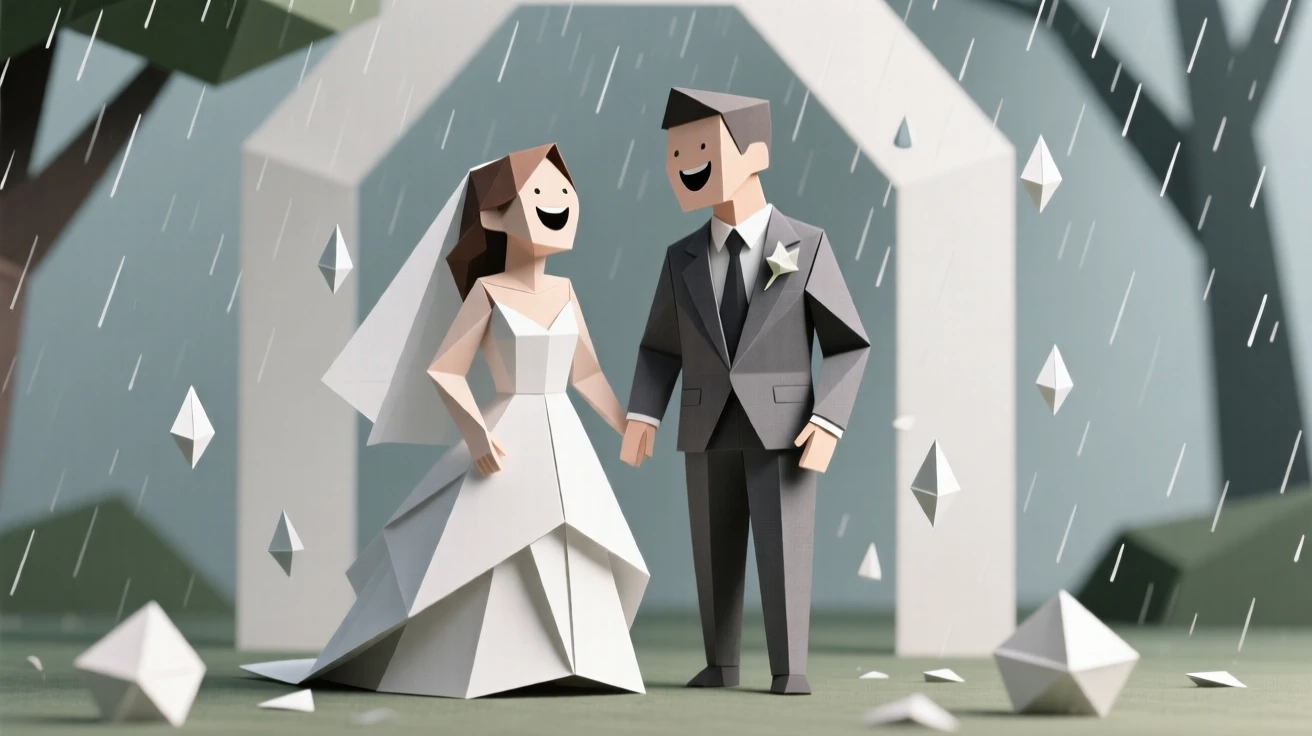 A newlywed couple laughing together as rain unexpectedly falls during their outdoor ceremony.
