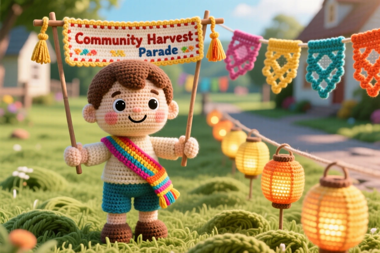 a small boy wearing a festival sash, for a community harvest parade, is shown carrying a small banner with pride in a sunlit village green decorated with banners beside a row of glowing lanterns lining the path, capturing warm cultural pride and festive belonging.