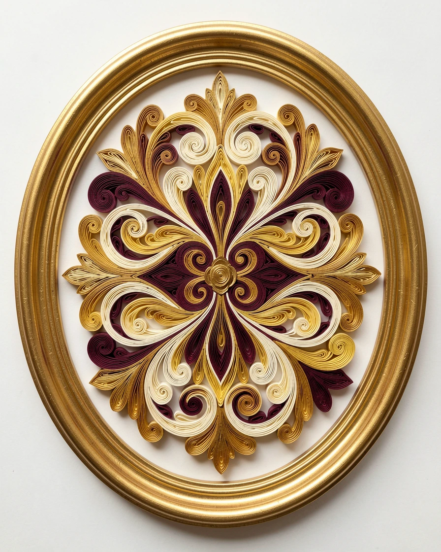 a formal damask-inspired medallion pattern, mounted within a gilded oval frame, structured with clean geometric precision, in shades of gold, ivory, and deep burgundy.