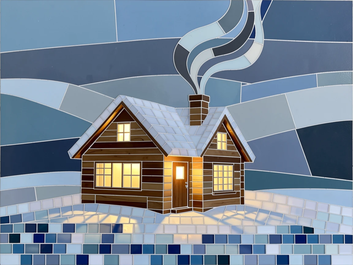 A cozy winter cabin with smoke rising gently from its chimney, with soft warm lighting and an inviting, peaceful atmosphere.