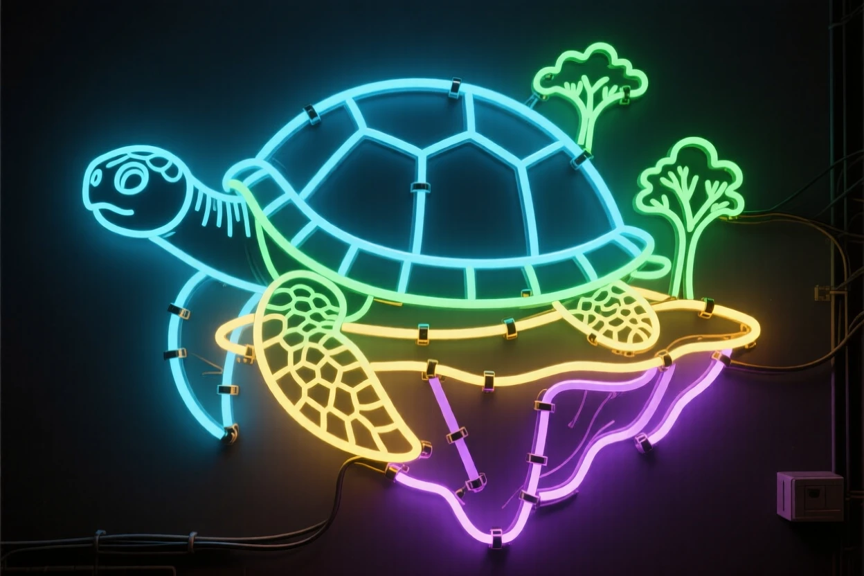 A giant turtle carrying a small floating island on its shell.