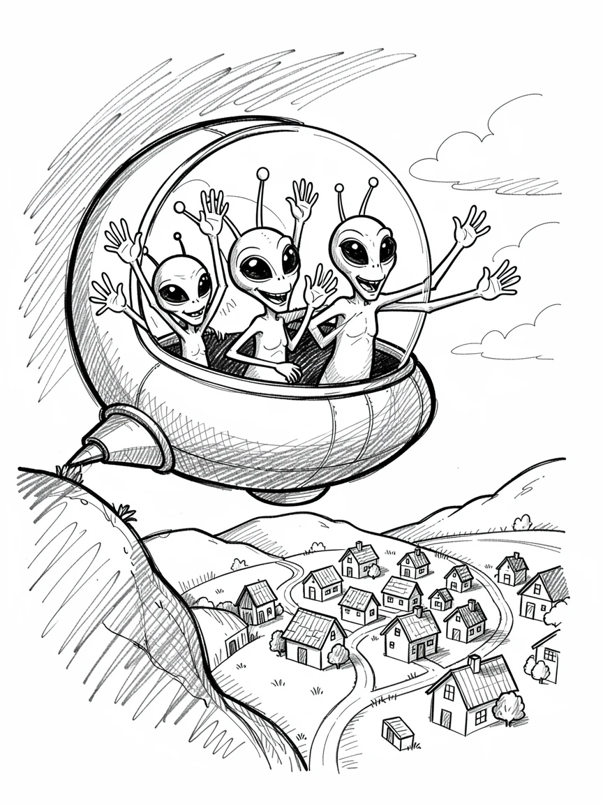 An alien family waving from their spaceship window on a hillside overlooking a small town.