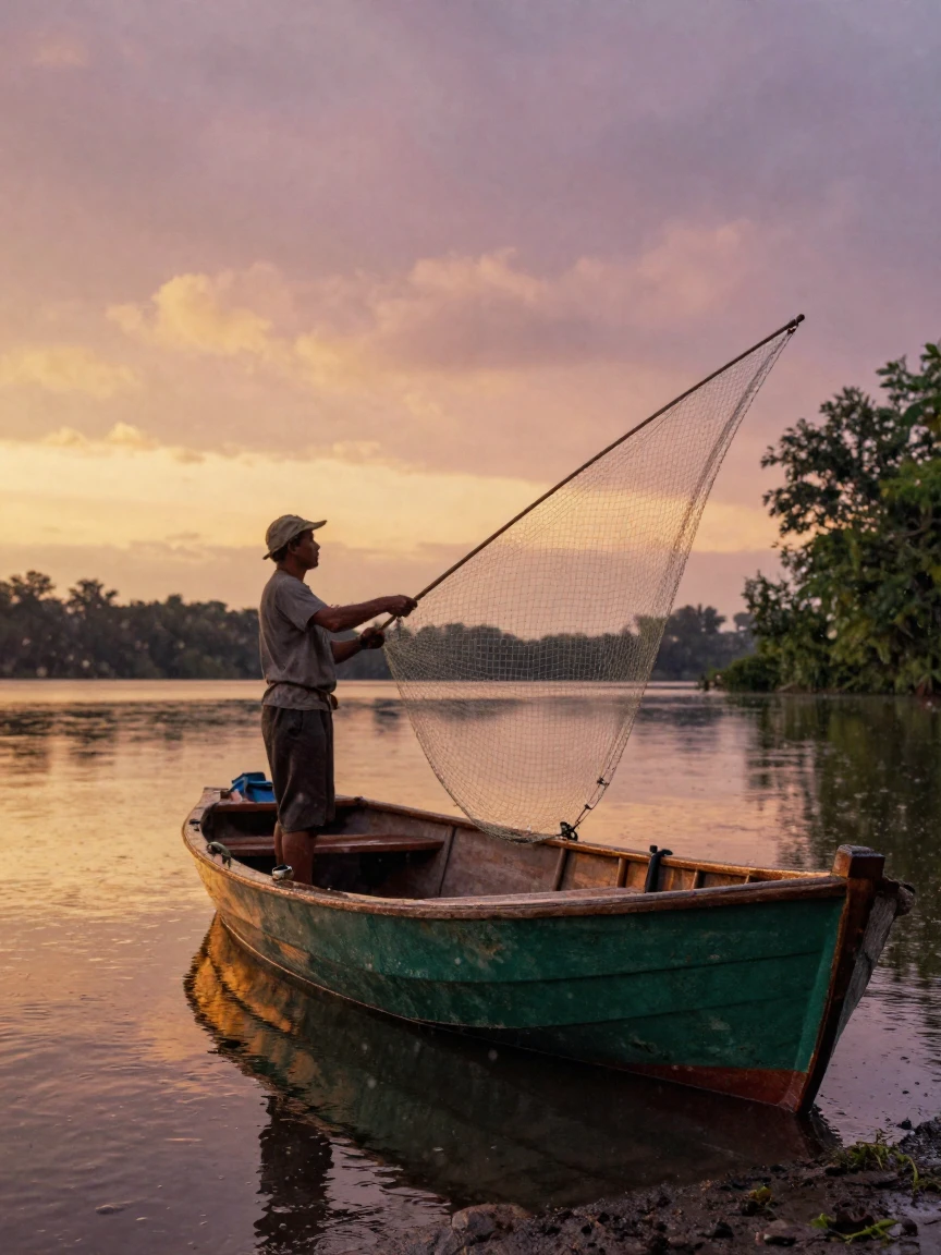 A fisherman casting a net from the bow of a small boat, under a glowing sunset sky, just after a rain shower, with puddles reflecting the sky, during the long days of summer, with deep emerald greens and browns, through a rain-streaked window.