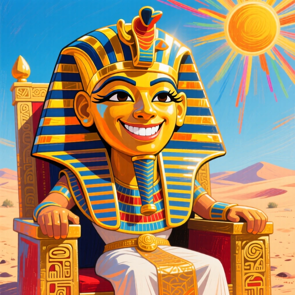 An ancient Egyptian pharaoh seated regally, golden headdress gleaming under the desert sun.
