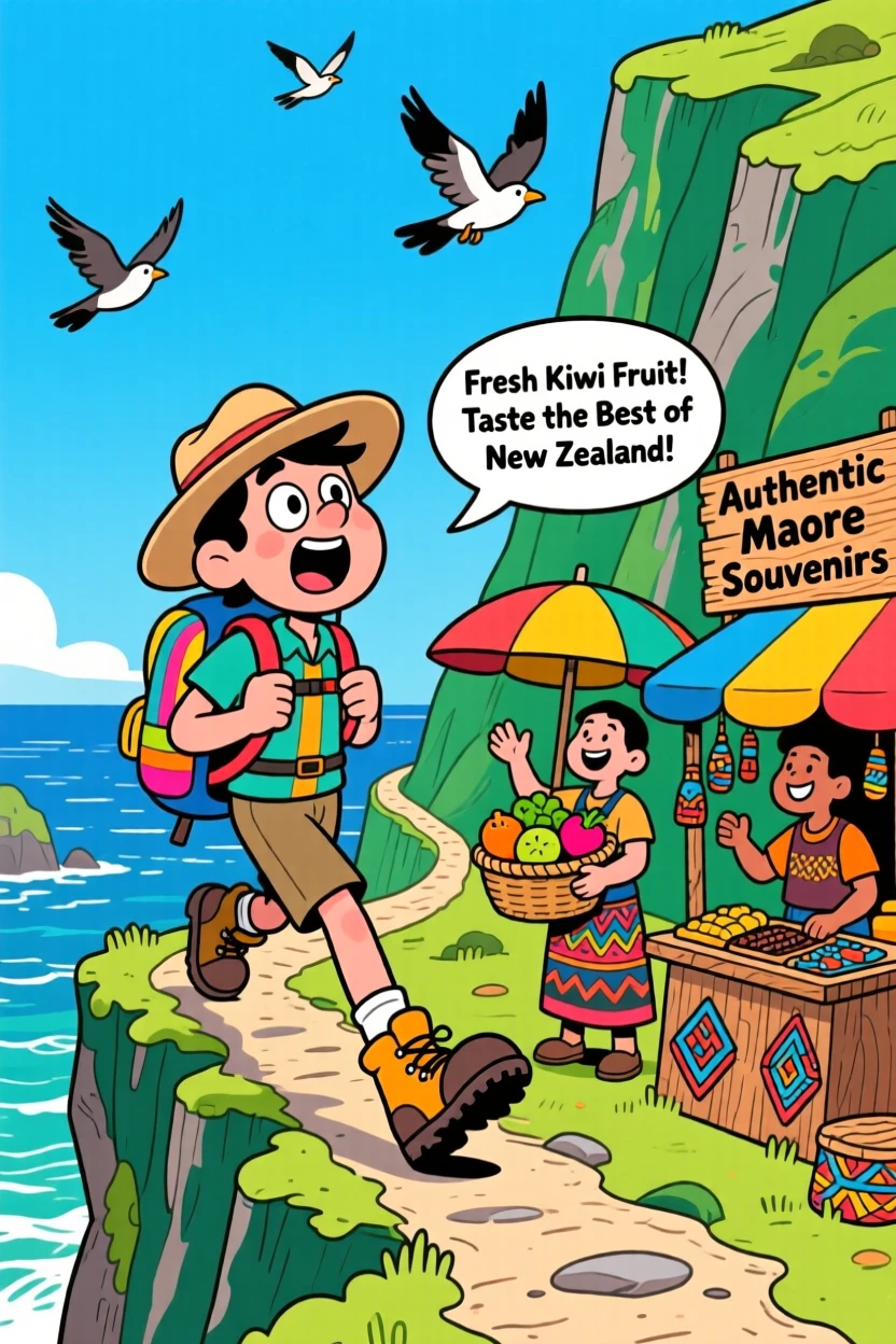 An iconic travel scene featuring a curious traveler hiking along a dramatic cliffside trail in New Zealand, as street vendors call out cheerfully nearby.