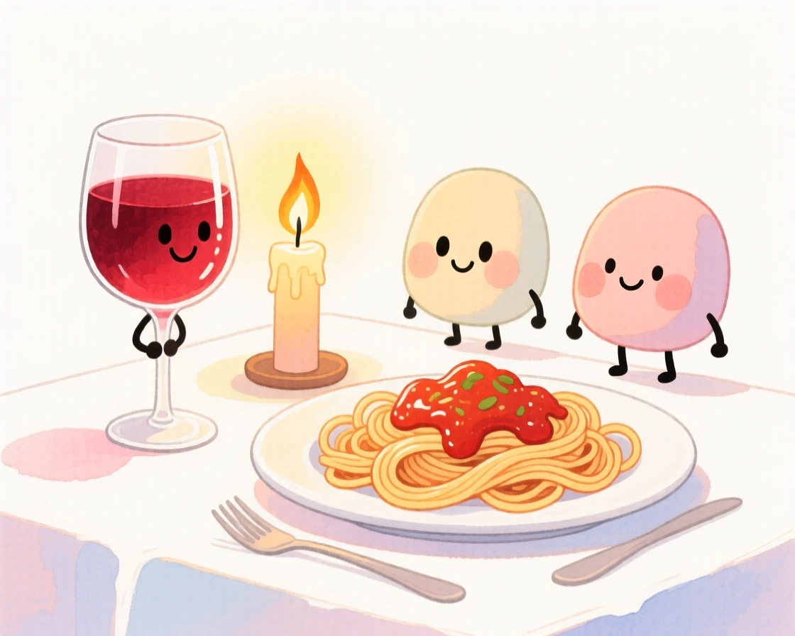 A cozy, appetizing, bright and cheerful scene of a glass of red wine beside a plate of pasta on a candlelit table