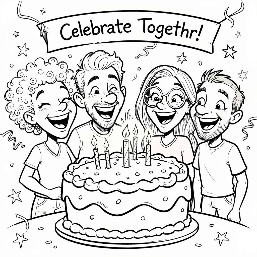 [Seasonal Holidays & Celebrations] Festive scene of a cheerful group of friends sharing a giant celebratory cake, full of celebration and joy