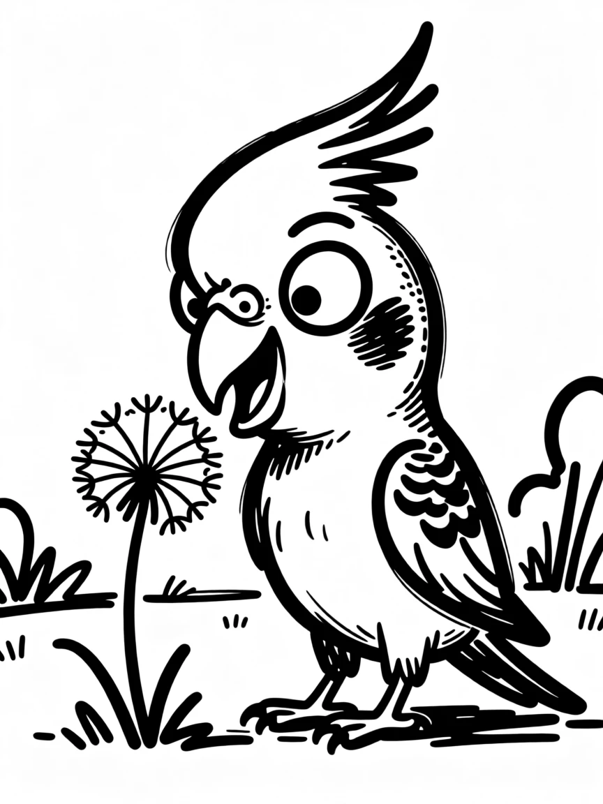 A cockatiel curiously sniffing a single dandelion in a sunny backyard.