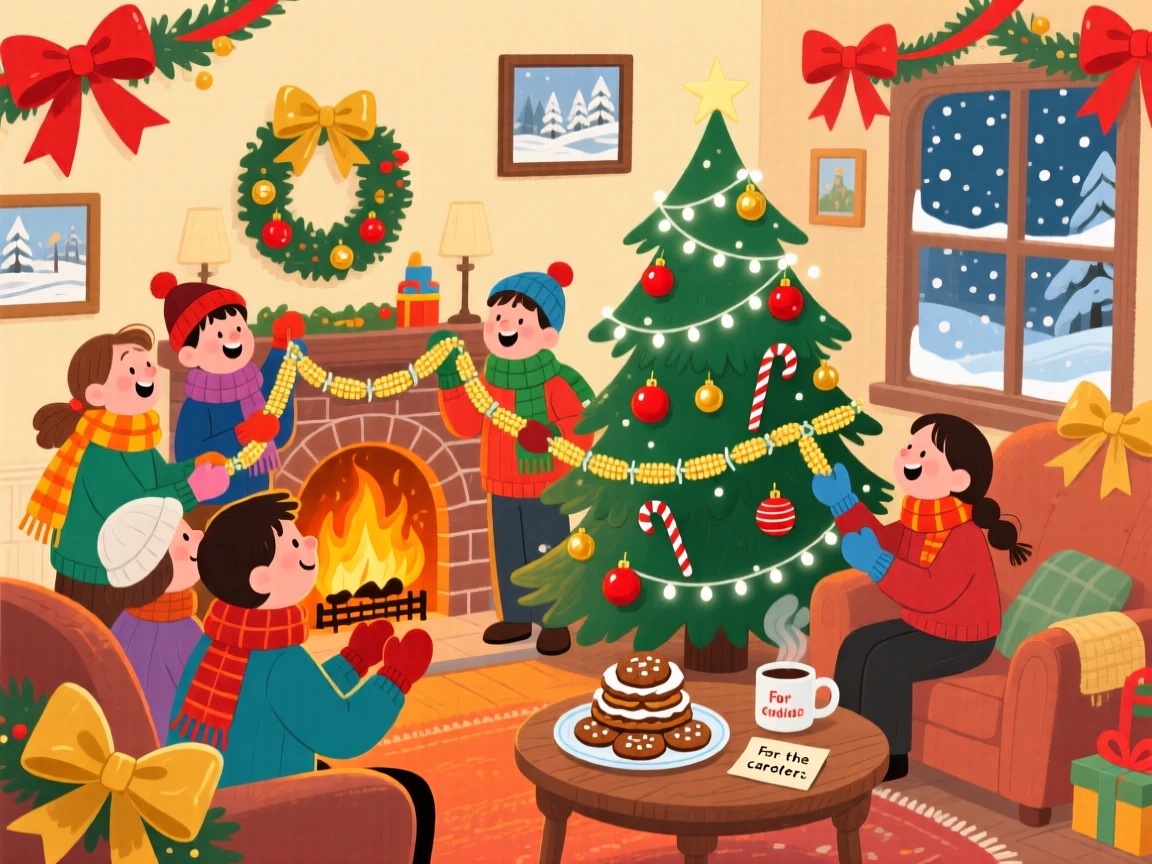 Carolers bundled in scarves gather in a cozy living room by the fire, stringing popcorn garlands for the holiday tree, while ribbons and bows decorate every corner.