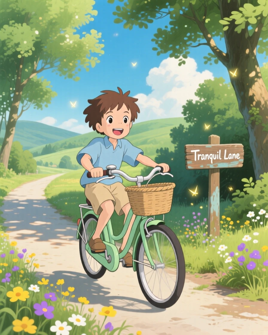 A boy pedaling his bicycle down a quiet lane, arms outstretched, the moment carefree and joyful.