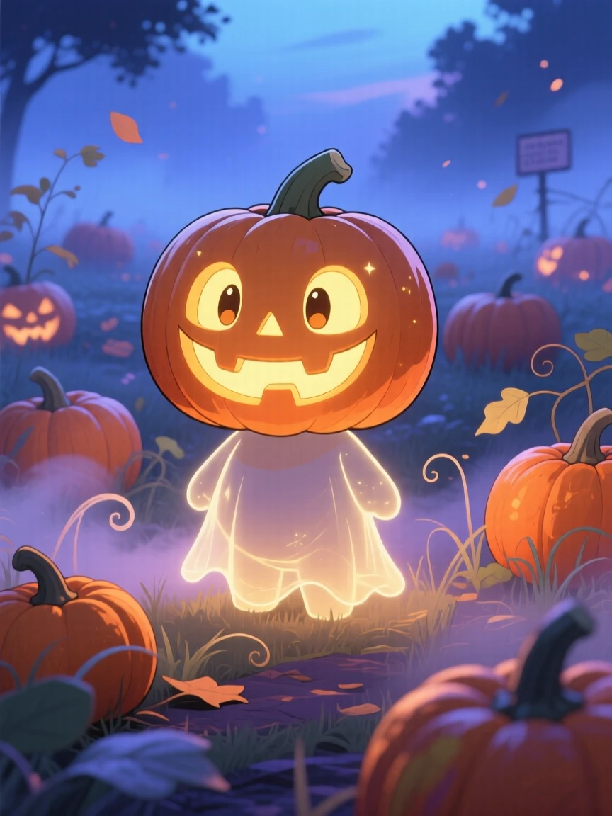 A smiling jack-o'-lantern spirit lighting the way with a gentle glow, framed as a medium shot within a misty pumpkin patch, during a light summer breeze, glowing under cool blue twilight glow, evoking gentle surprise.