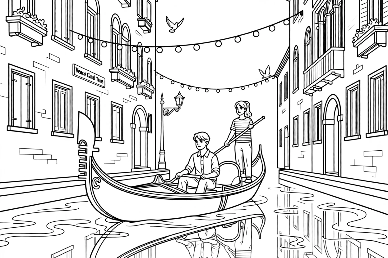 A gondola drifting through a Venetian canal, with string lights strung between old buildings.