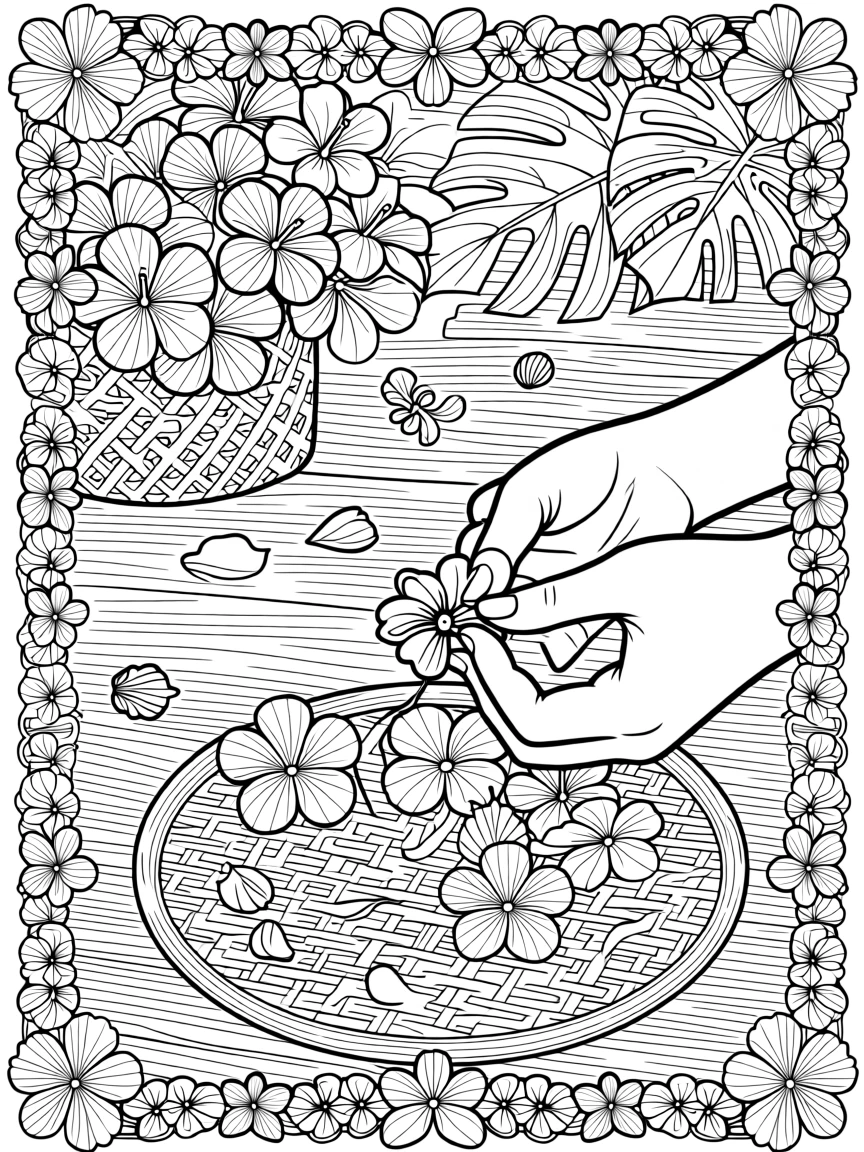 A lei-making scene with strands of tropical flowers.