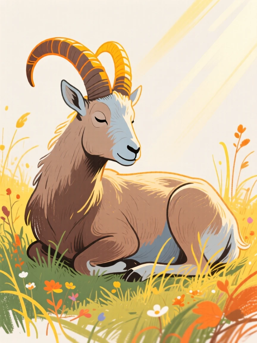 A mountain goat curled up together in a sunlit meadow on a crisp autumn day.