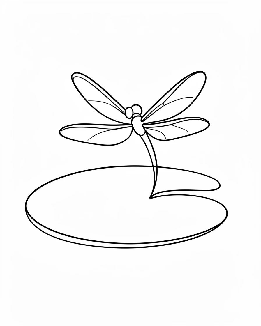 A dragonfly resting on a lily pad above a still pond