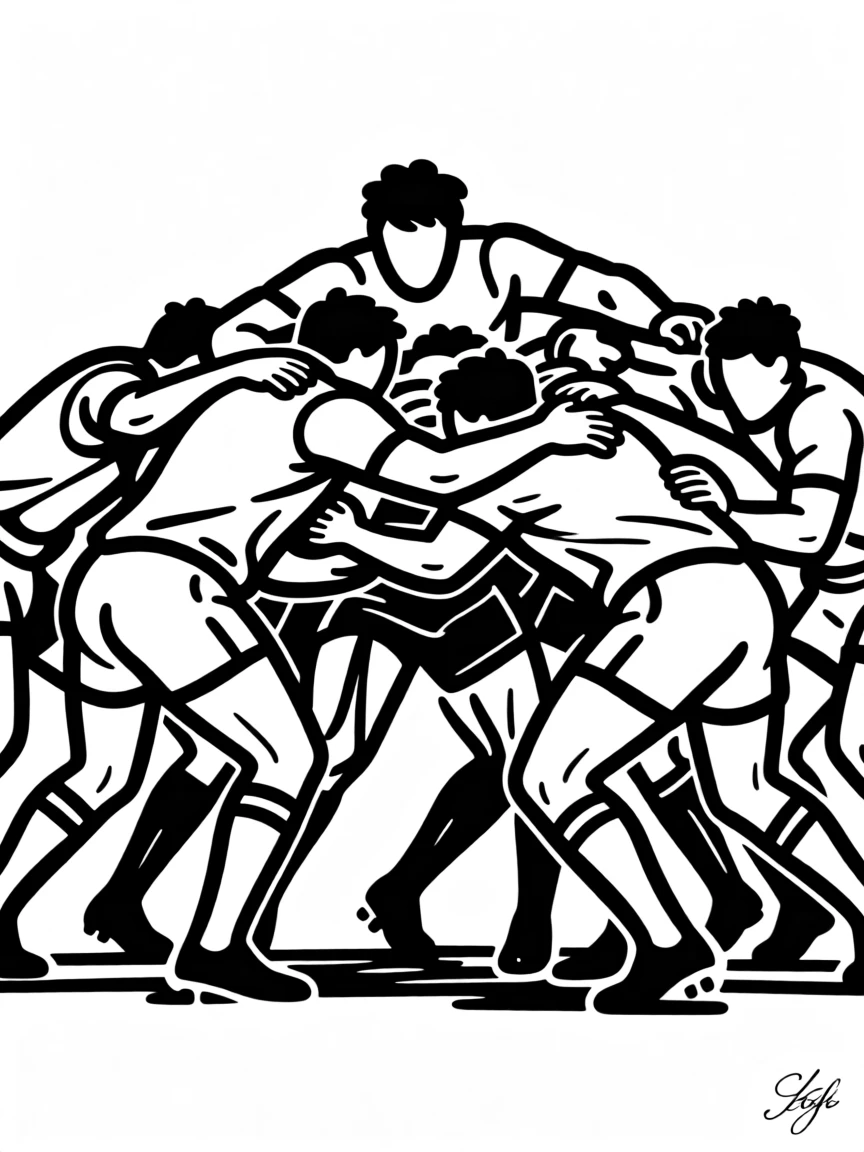A rugby scrum locked together in a tense mid-field battle.