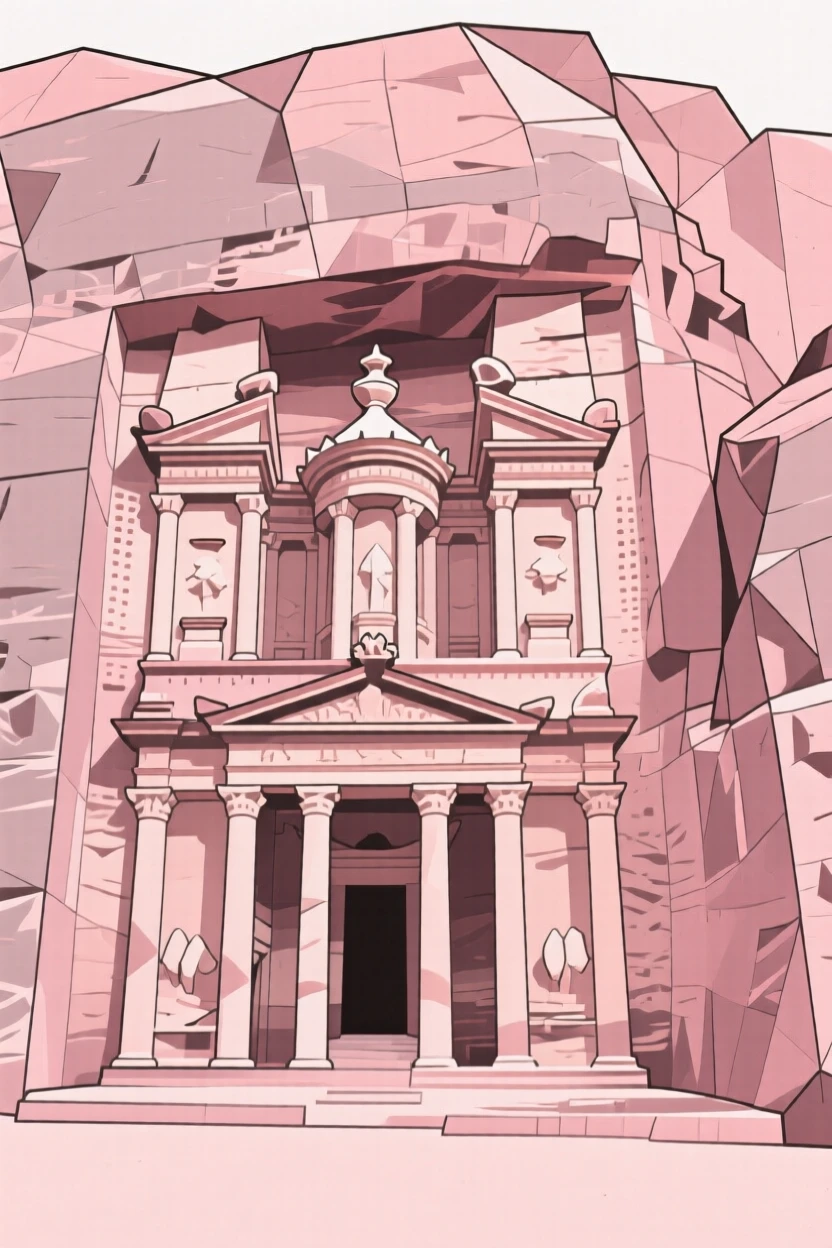 The Petra treasury carved into rose-colored cliffs