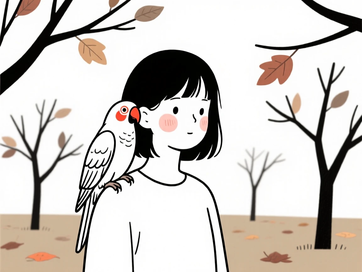 A teenage girl with a parrot on their shoulder, radiating quiet confidence, in an autumn orchard.