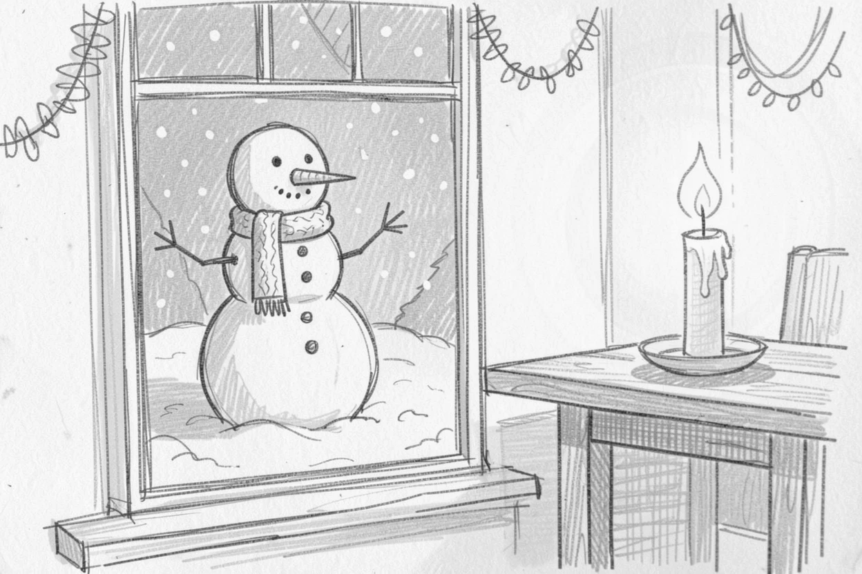 A festive scene of a snowman standing in a quiet snowy yard in a cozy candlelit room, with an atmosphere of celebration and togetherness.