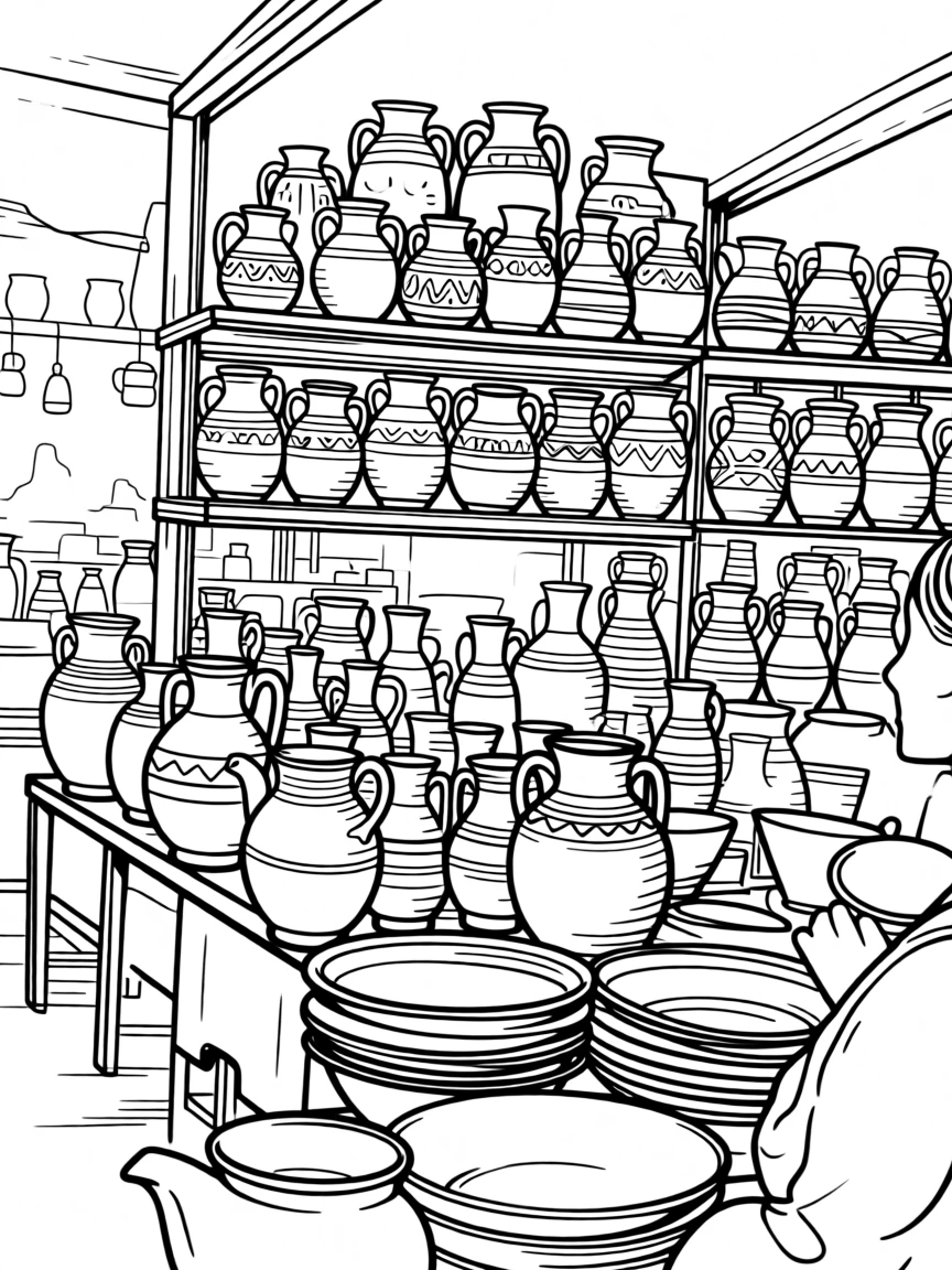A traditional pottery market with rows of hand-painted vessels on display.