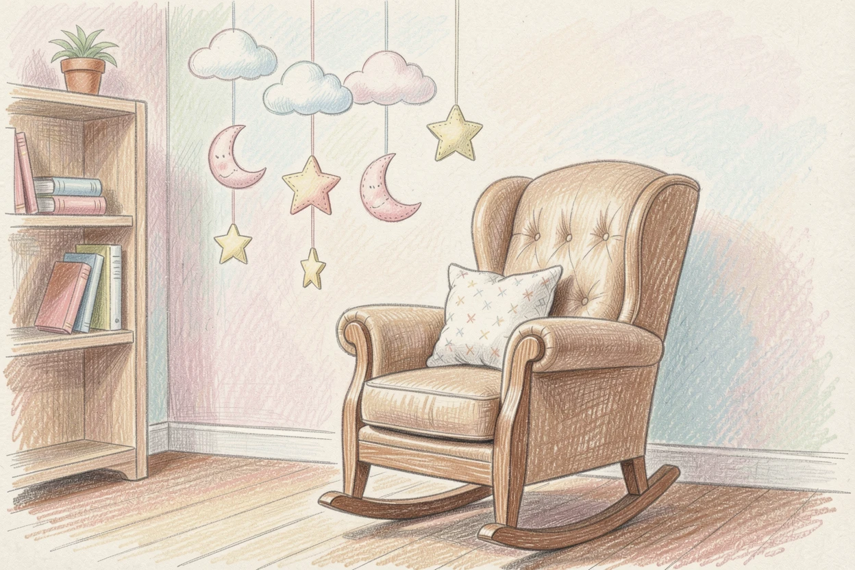 A cozy nursery with a rocking chair and soft hanging mobiles, with delicate details that reward a closer look, evoking nostalgia and a deep sense of contentment.