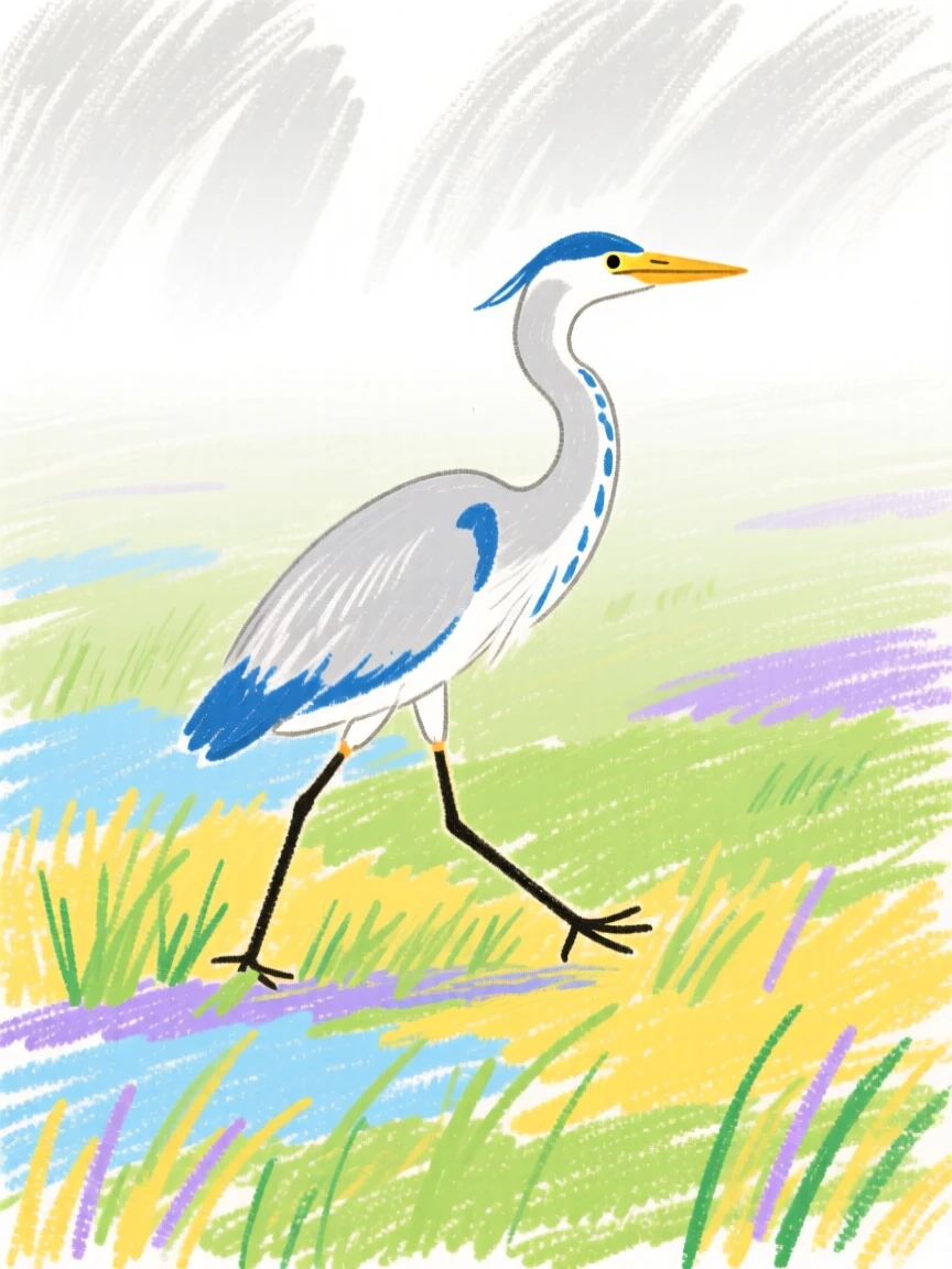A heron crossing a quiet meadow blanketed in morning fog.