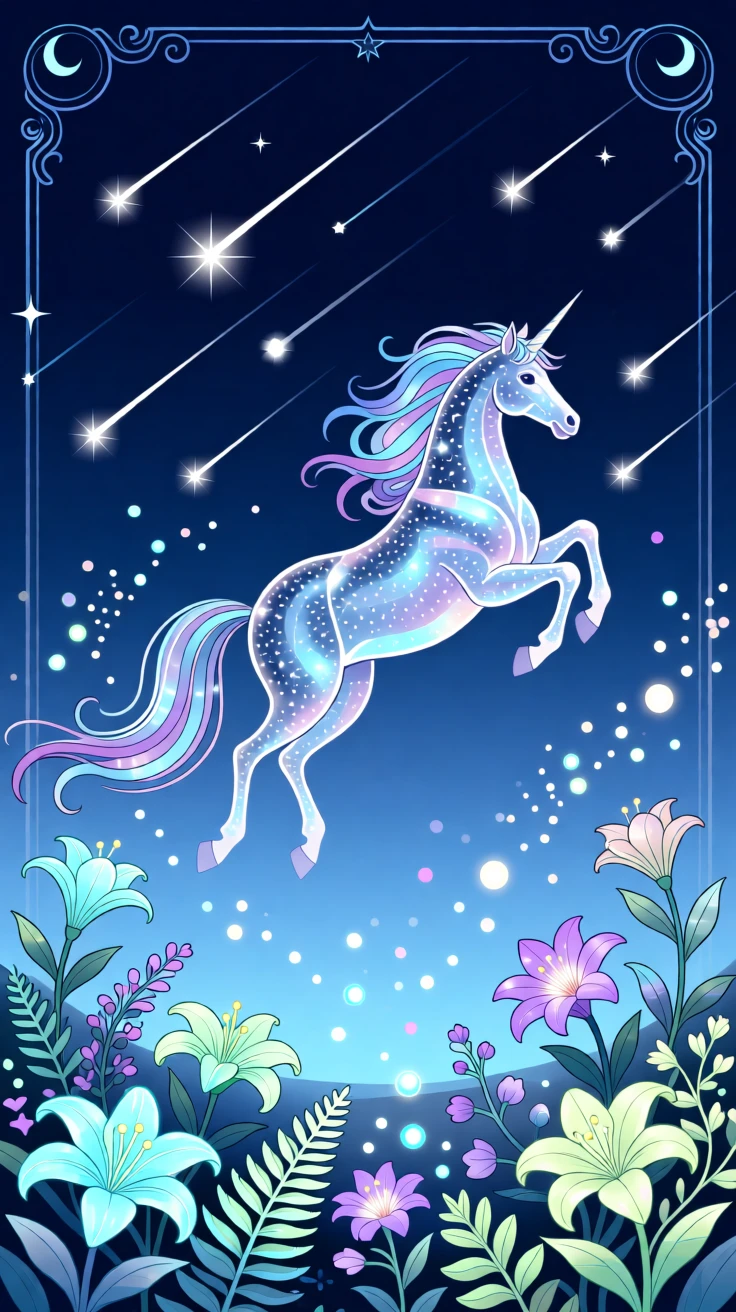 A celestial unicorn leaping across a sky filled with shooting stars, surrounded by glowing flowers and luminescent plants, framed to capture both grandeur and delicate magical detail, with subtle magical particles drifting through the air.