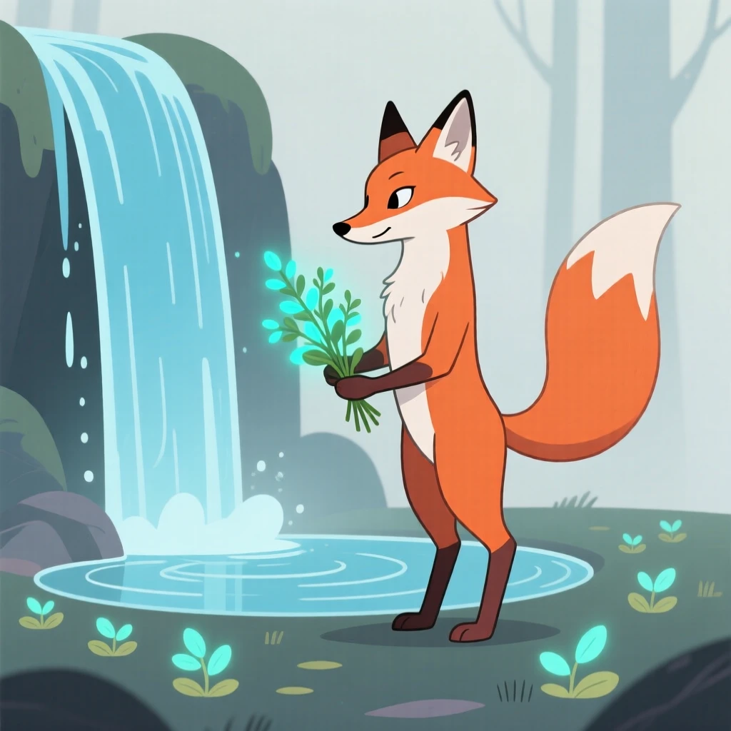 A talking fox spirit gathering glowing herbs near an enchanted waterfall.