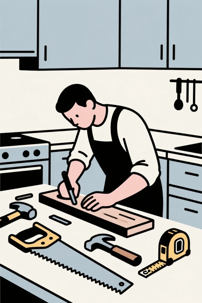 A focused carpenter working at a bustling professional kitchen, surrounded by tools neatly arranged, expressing steady concentration.