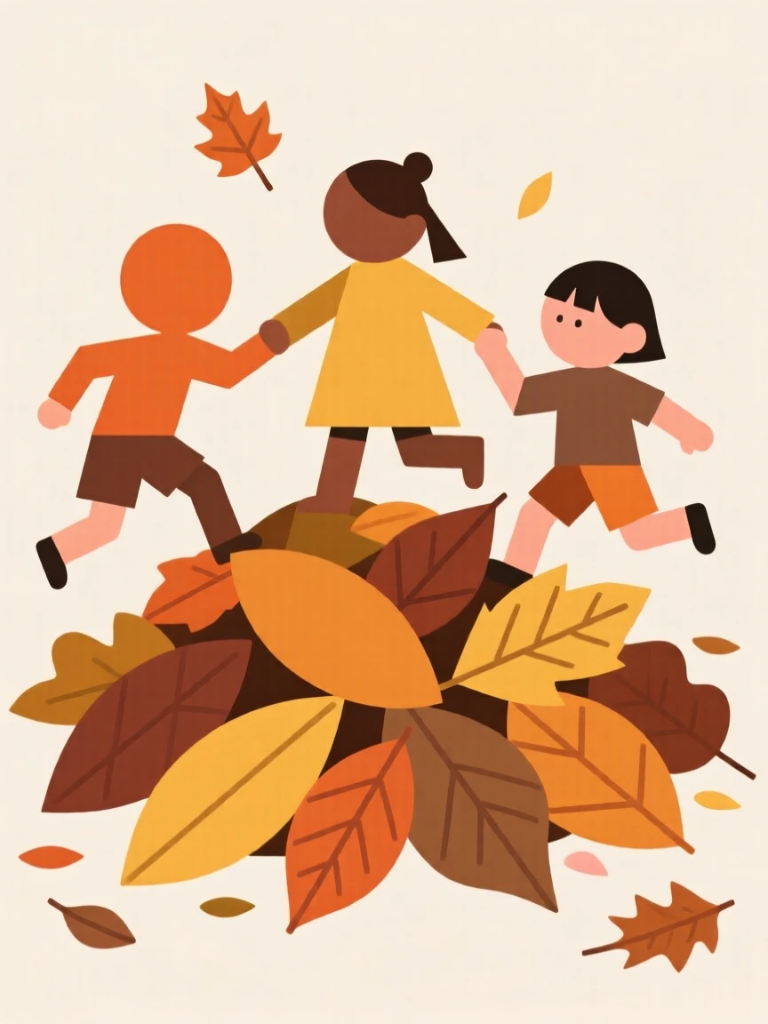 A group of kids playing in a pile of autumn leaves