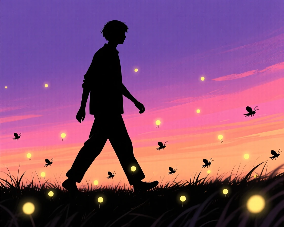 A person walking calmly through a field of glowing fireflies at dusk.